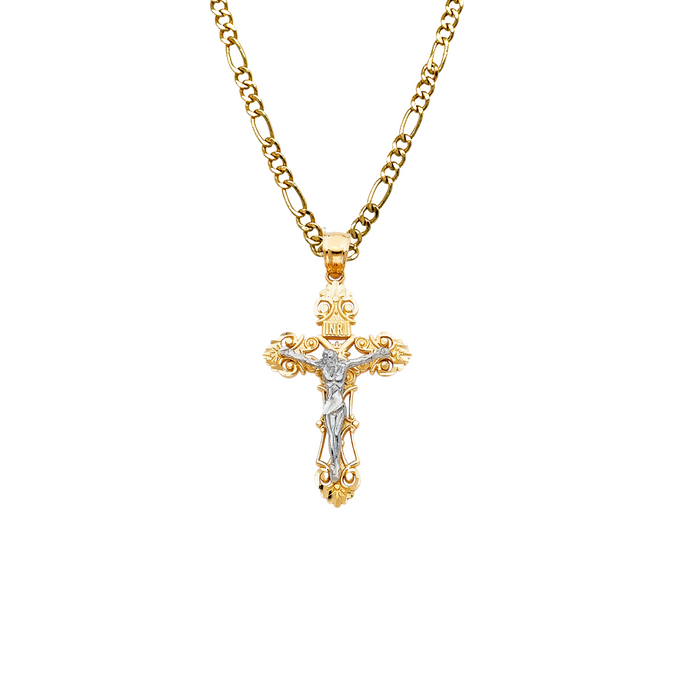 14k Two Tone Gold Ornate Jesus Cross Pendant with Solid Chain - LE-0060