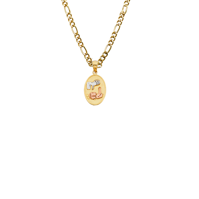 14k Baptism Tri Color Gold Oval Pendant with Solid Chain - LE-255