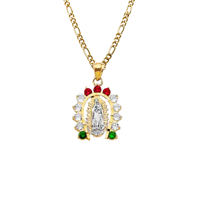 14k Virgin Mary Horseshoe Pendant with Colored Gemstones and Solid Figaro Chain