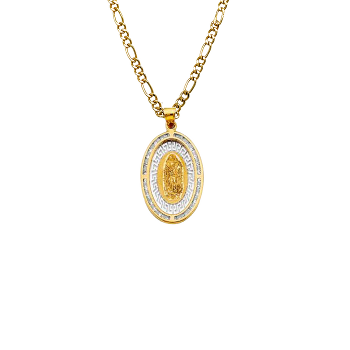 14k Virgin Mary Gold Pendant Oval Gemstones with Solid Chain - LE-1302