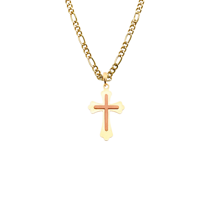 14k Gold Two Tone Rose Gold Cross Pendant with Solid Chain - LE-0913