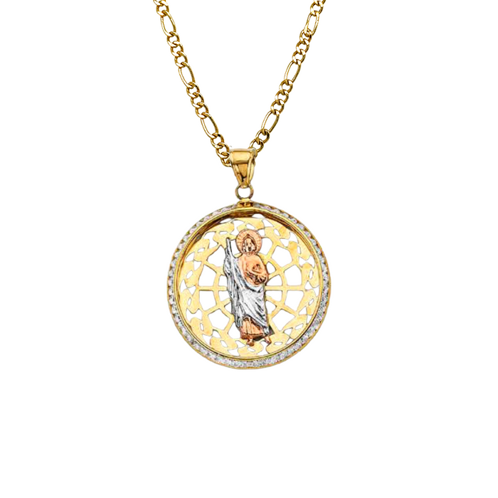 14k San Judas Gold Pendant with Solid Figaro Chain - LE-3048