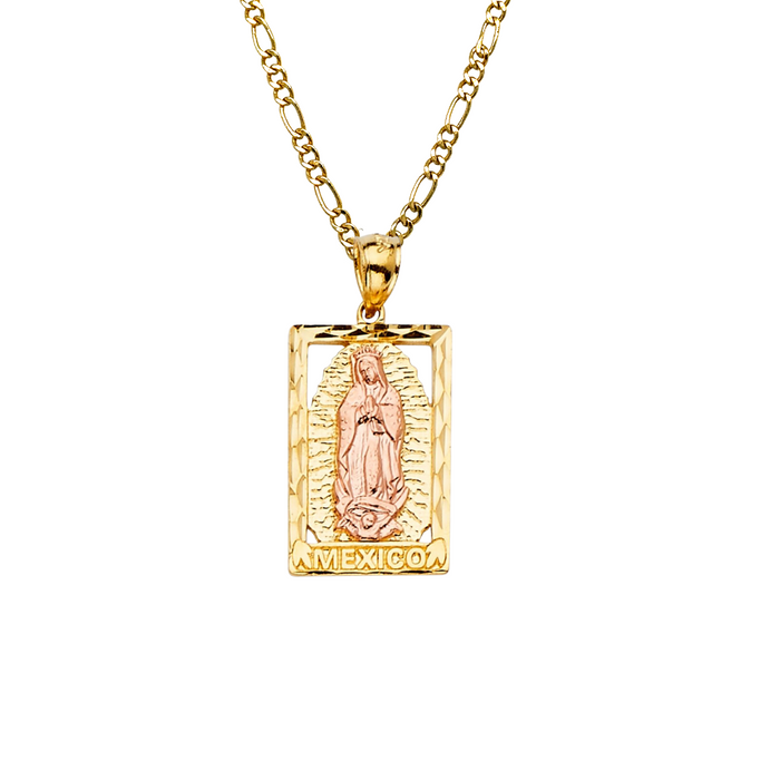 14k Virgin Mary Rectangle Mexico Pendant with Solid Figaro Chain - LE-PT2282