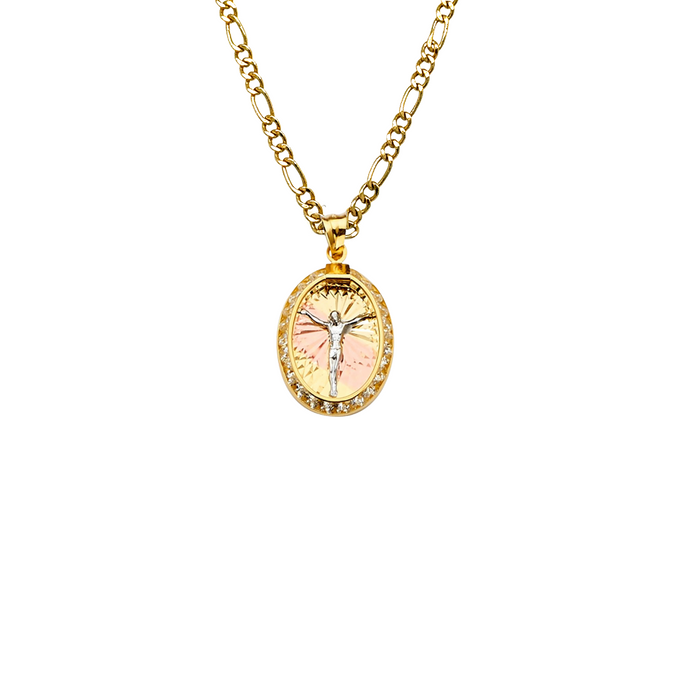 14k Jesus Christ Oval Gemstone Gold Pendant with Solid Chain - LE-2225