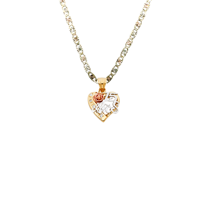 14k Gold Tri Tone 15 Años Quinceañera Heart Gemstone Pendant with Solid Chain - LE-1866