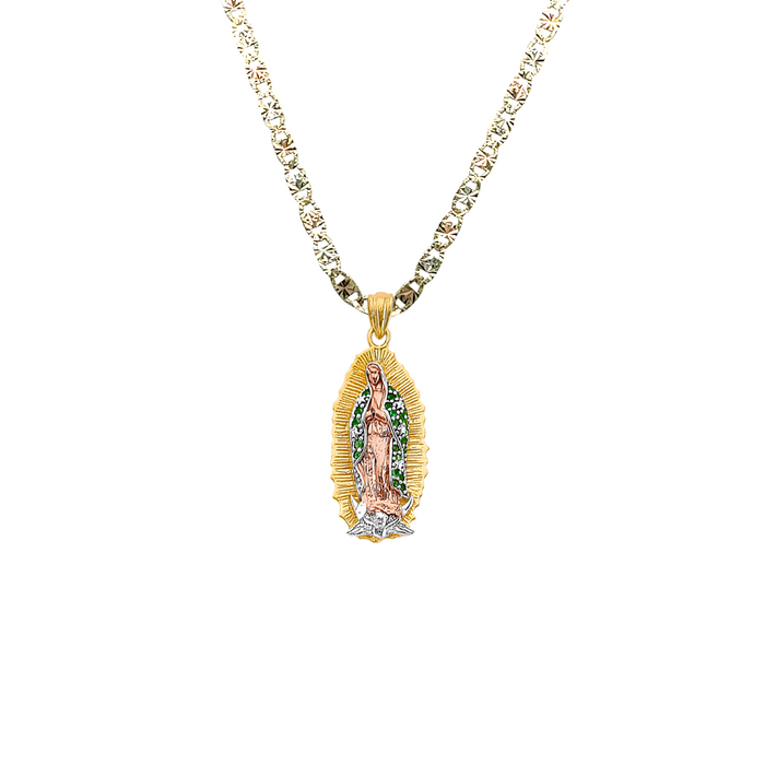 14k Gold Virgin Mary Pendant with Green Gemstone Cloak and Solid Chain - LE-3179
