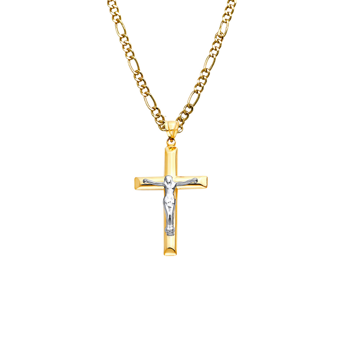 14k Two Tone Gold Jesus Cross Pendant with Solid Chain - LE-2528