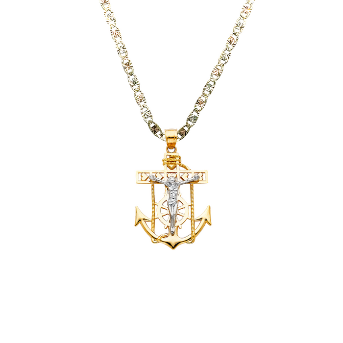 14k Gold Two Tone Jesus Anchor Mariner Pendant with Solid Chain - LE-0110