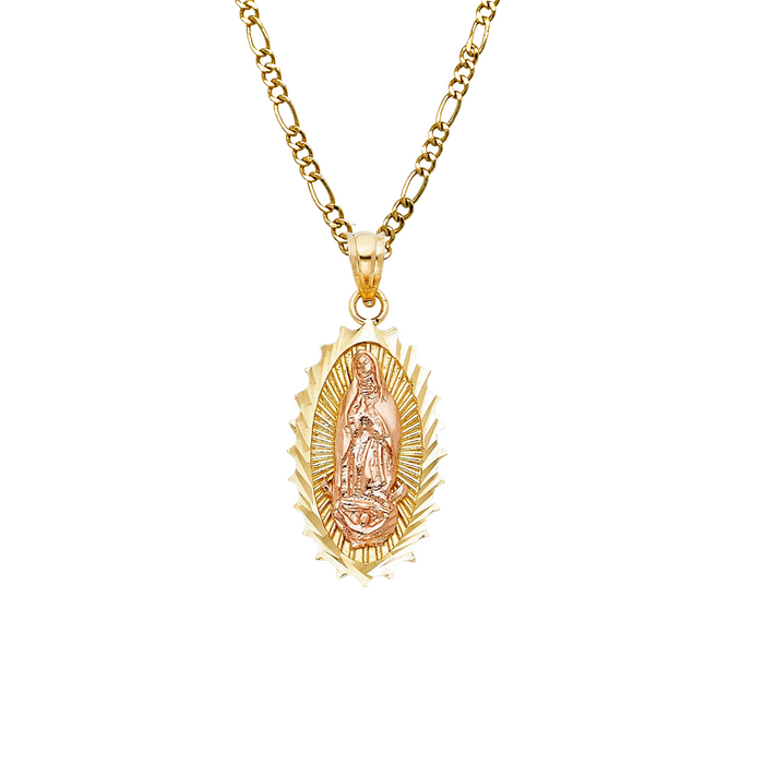 14k Virgin Mary Diamond Cut Pendant with Solid Figaro Chain - LE-PT1085