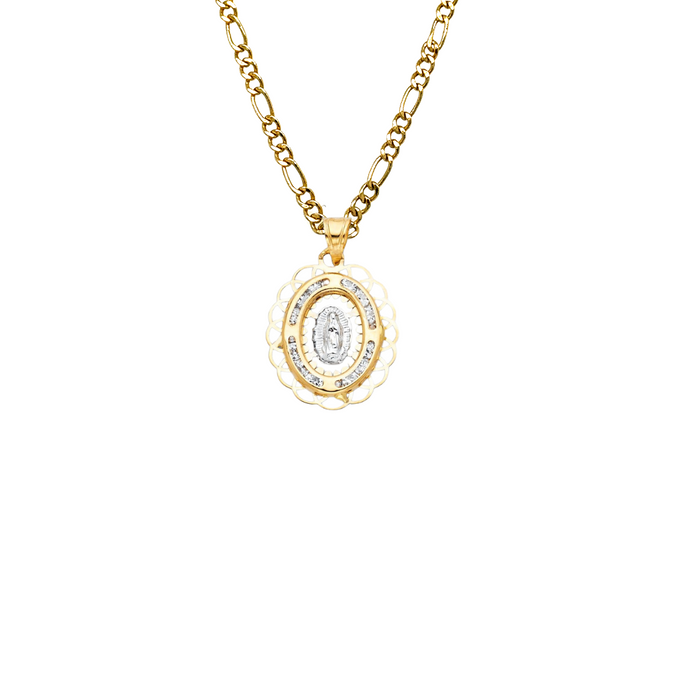 14k Virgin Mary Gold Pendant with Gemstones and Solid Chain - LE-808