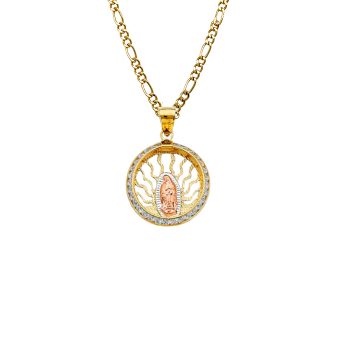 14k Virgin Mary Gold Pendant Round Gemstones with Solid Chain - LE-2723