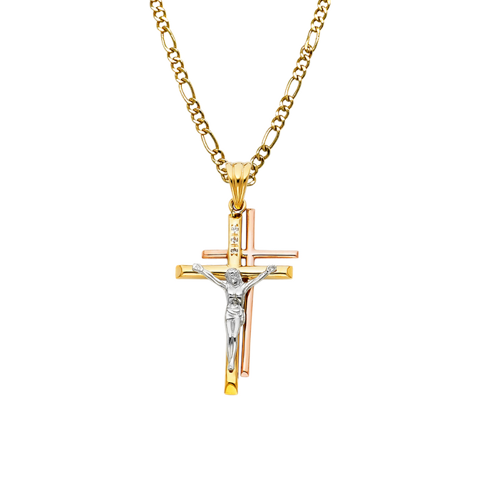 14k TriGold Jesus Cross with Solid Figaro Chain - LE-0948