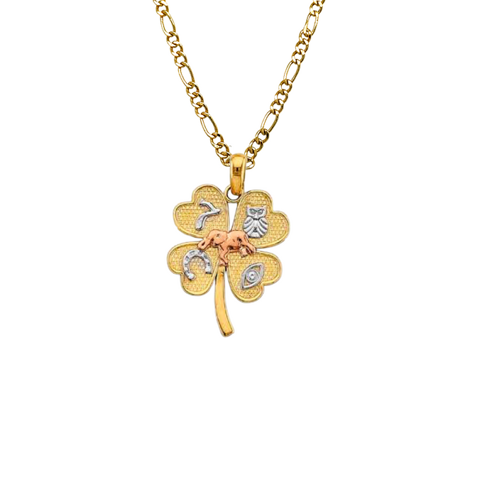 14k Good Luck Symbols Clover Gold Pendant with Solid Figaro Chain - LE-2912