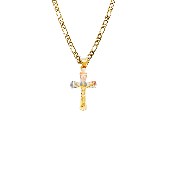 14k TriColor Gold Jesus Cross Pendant with Solid Chain - LE-0355