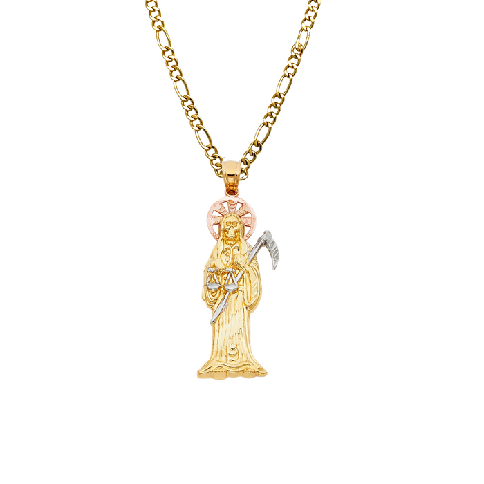 14k Santa Muerte TriColor Gold Pendant with Solid Chain - LE-96