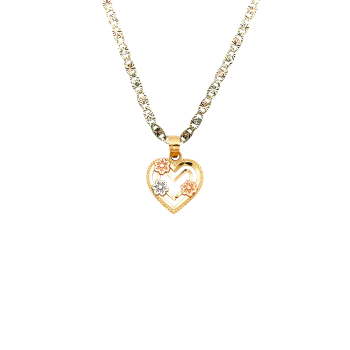 14k Flowers Heart Tri Gold Pendant with Solid Chain - LE-1946