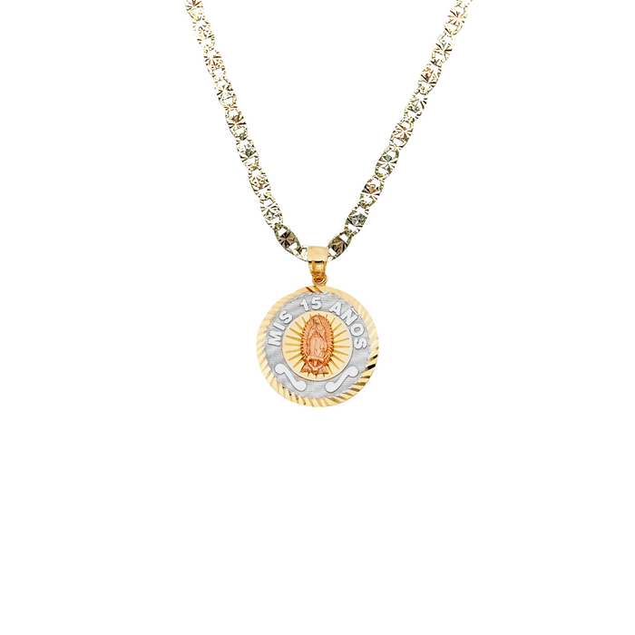 14k Gold Tri Tone Virgin Mary Mis 15 Años Quinceañera Pendant with Solid Chain - LE-1896