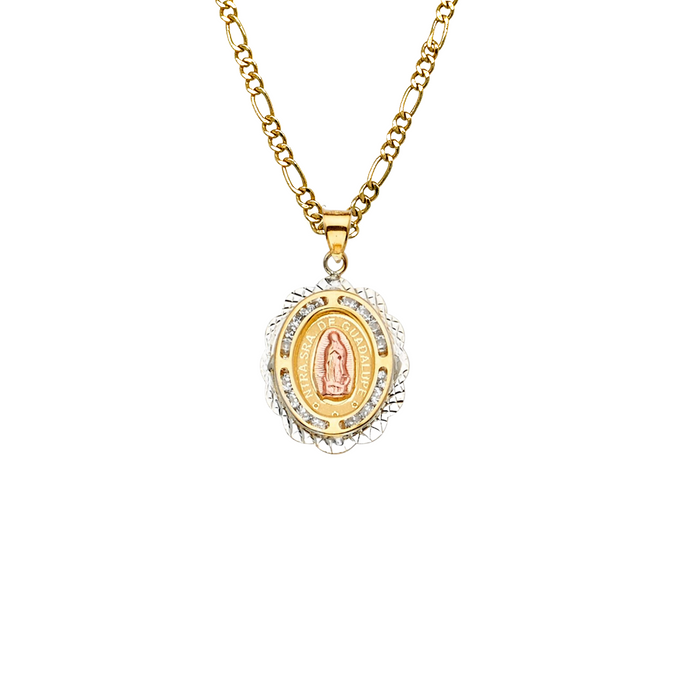 14k Virgin Mary Gold Pendant Oval Gemstones with Solid Chain - LE-2301