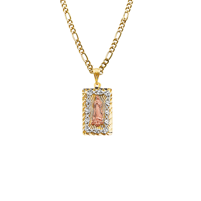 14k Virgin Mary Diamond Cut Pendant with Solid Figaro Chain - LE-3208