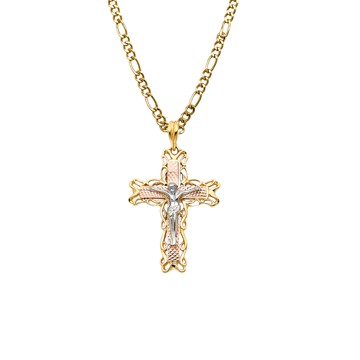 14k Tri Color Gold Jesus Cross with Solid Figaro Chain - LE-0952