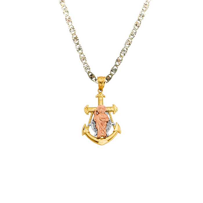 14k Gold Two Tone San Judas Anchor Mariner Pendant with Solid Chain - LE-2885