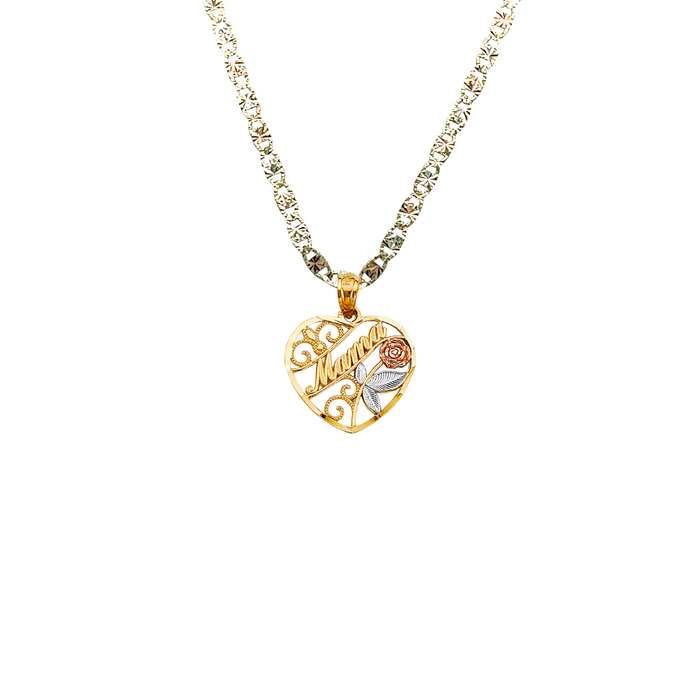 14k Gold Tri Tone Mama Flower Heart Pendant with Solid Chain - LE-2691