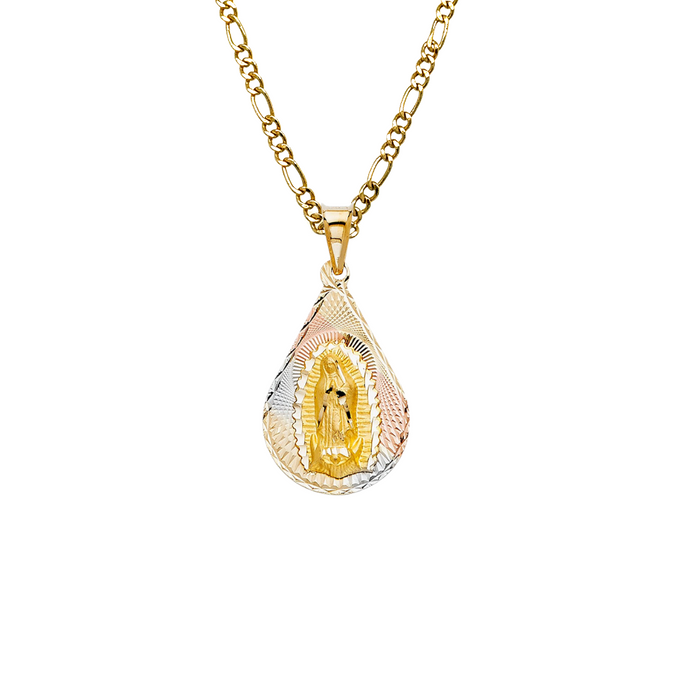 14k Virgin Mary TriColor Gold Teardrop Pendant with Solid Chain - LE-342