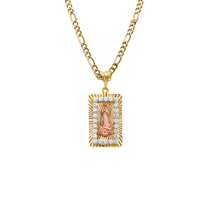 14k Virgin Mary Diamond Cut Gemstone Pendant with Solid Figaro Chain - LE-3206