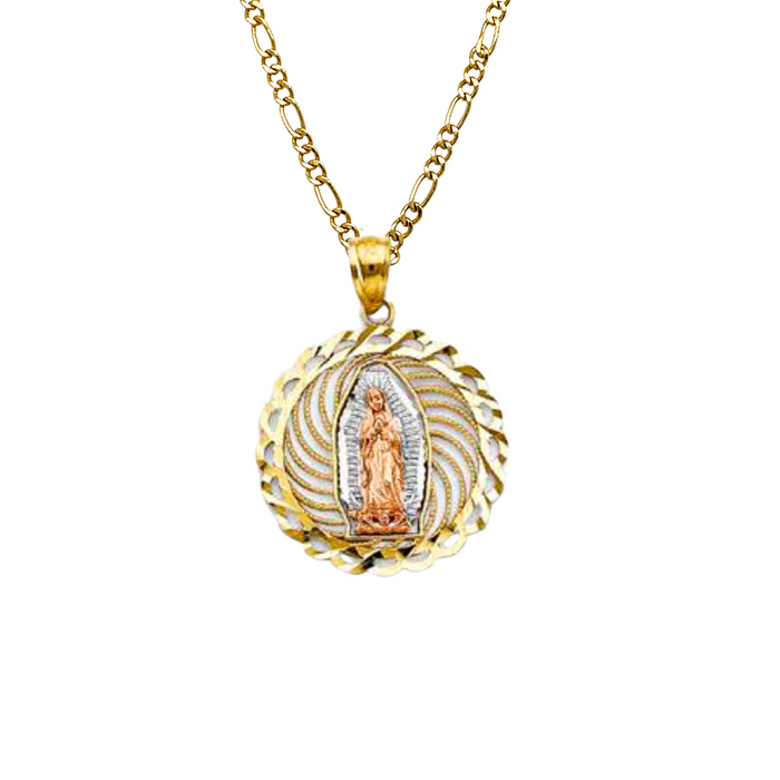 14k Virgin Mary Round Pendant with Solid Figaro Chain - LE-PT2813