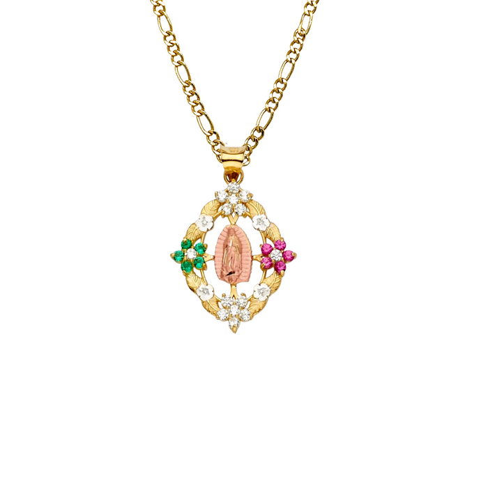 14k Virgin Mary Pendant with Red, Green, and White Gemstone Flowers and Solid Chain