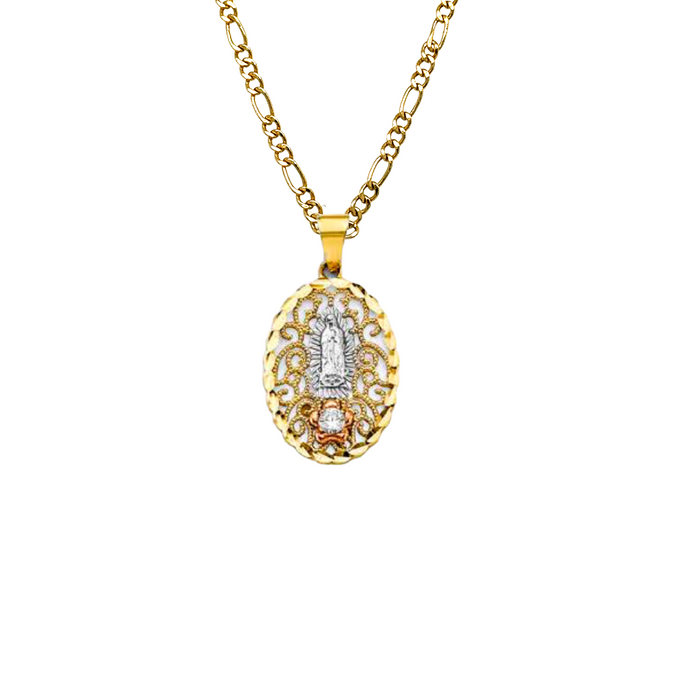 14k Virgin Mary Oval Filigrano Pendant with Solid Chain - LE-PT2810