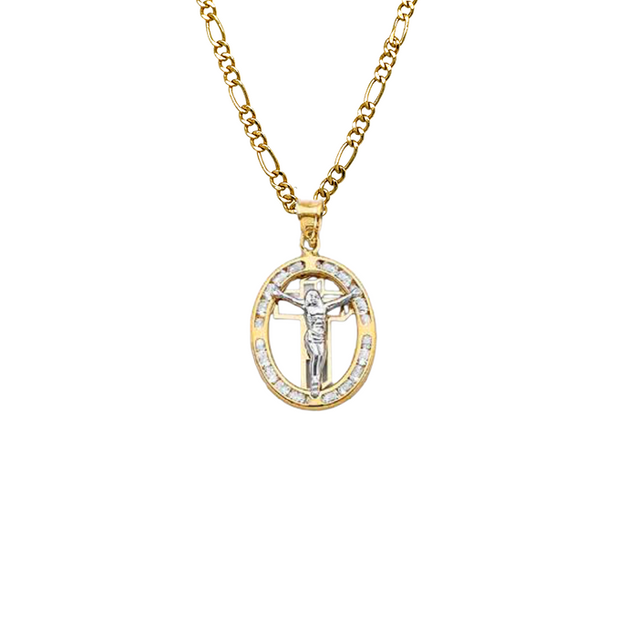 14k Jesus Christ Oval Cross Gemstone Gold Pendant with Solid Chain - LE-1307