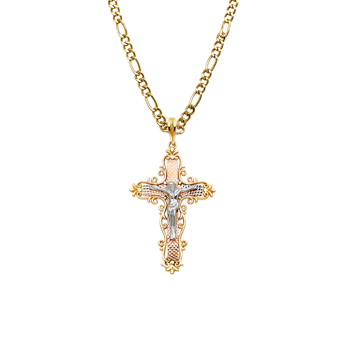 14k Tri Color Gold Fancy Jesus Cross with Solid Figaro Chain - LE-0861