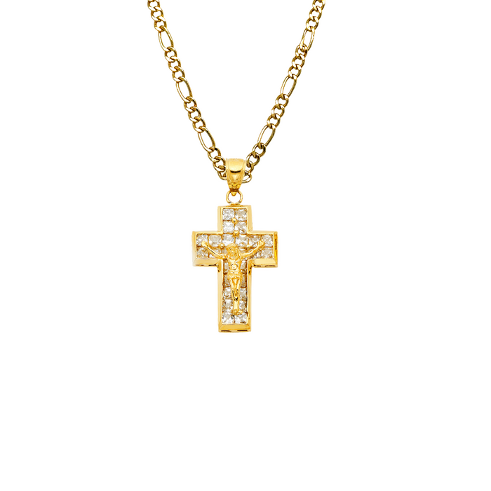 14k Gold Jesus Gemstone Cross with Solid Figaro Chain - LE-1052