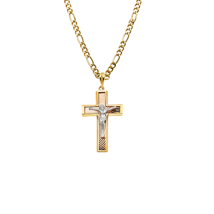 14k Tri Color Gold Jesus Cross Pendant with Solid Chain - LE-0864