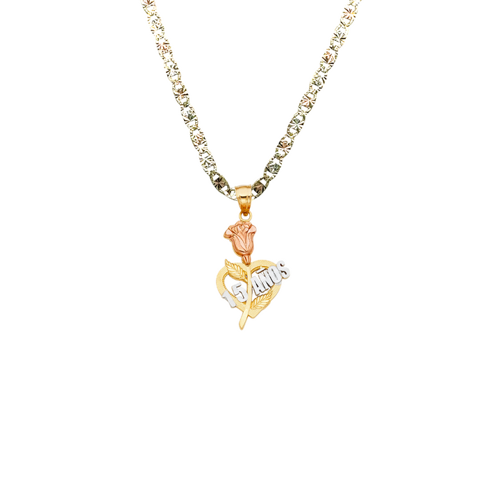 14k Gold Tri Tone 15 Años Quinceañera Heart Rose Pendant with Solid Chain - LE-1913