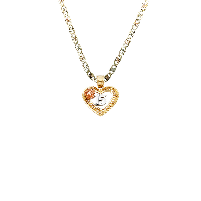 14k Gold Three Tone 15 Quinceañera Heart Pendant with Solid Chain - LE-0361