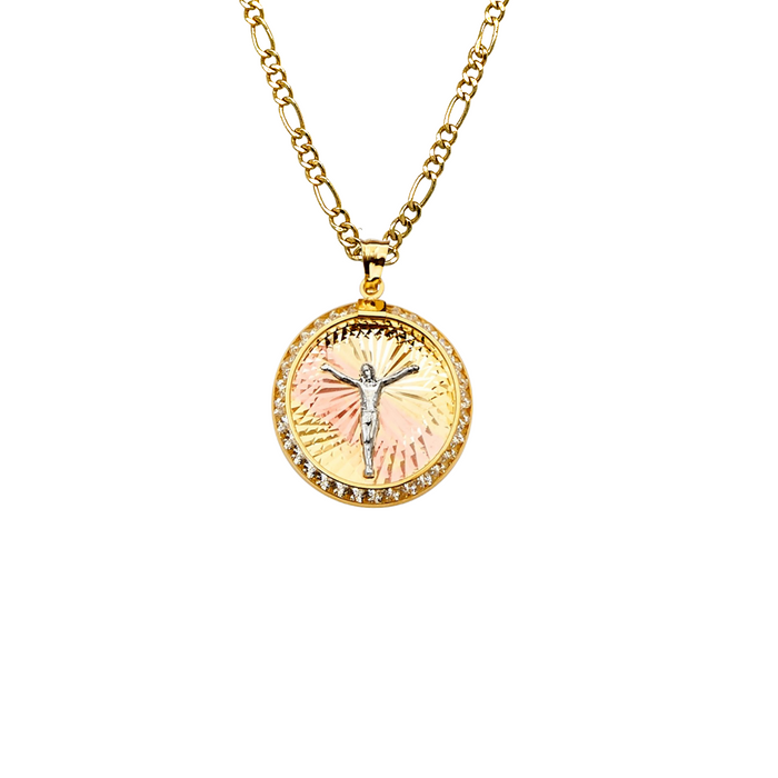 14k Jesus Christ Round Gemstone Gold Pendant with Solid Chain - LE-2256