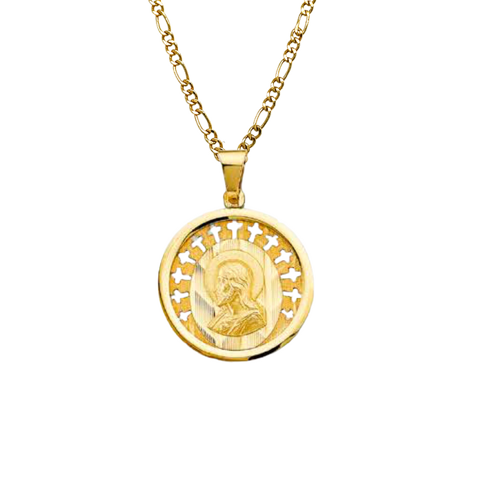 14k Jesus Christ Round Gold Pendant with Solid Chain - LE-3057