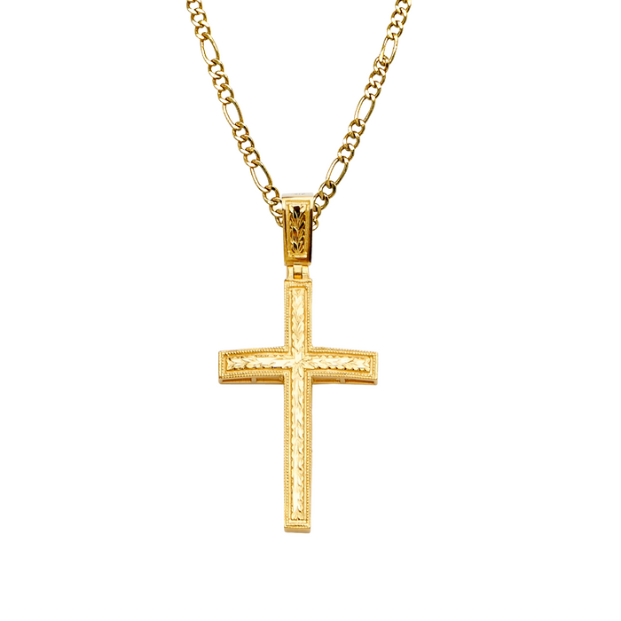 14k Gold Diamond Cut Cross with Solid Figaro Chain - LE-2205