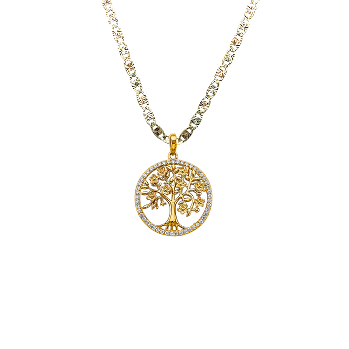 14k Gold Two Tone Family Tree of Life Gemstone Pendant with Solid Chain - LE-2704