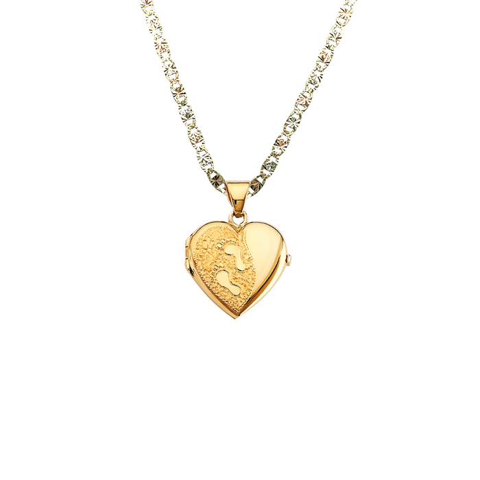 14k Gold Footprints Engraved Picture Heart Locket Pendant with Solid Chain - LE-2573