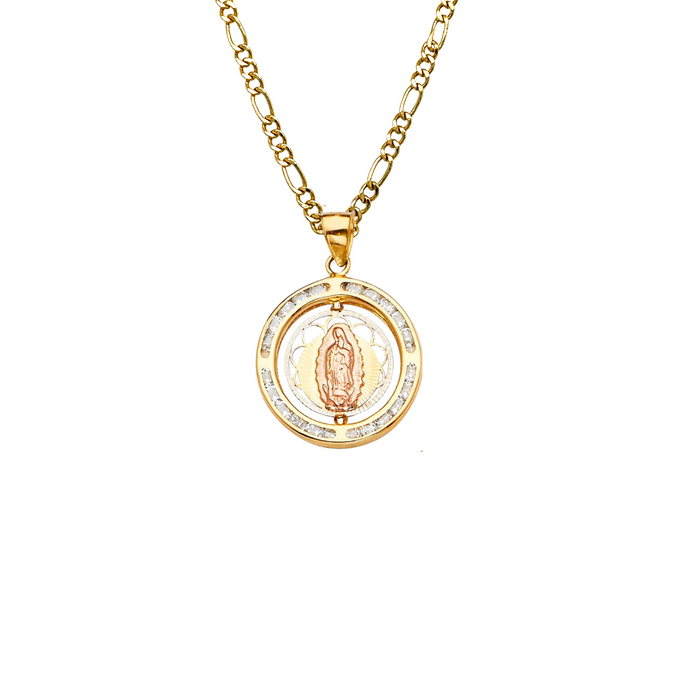 14k Virgin Mary Christ Sacred Heart Two Sided Gold Pendant with Solid Chain - LE-2322