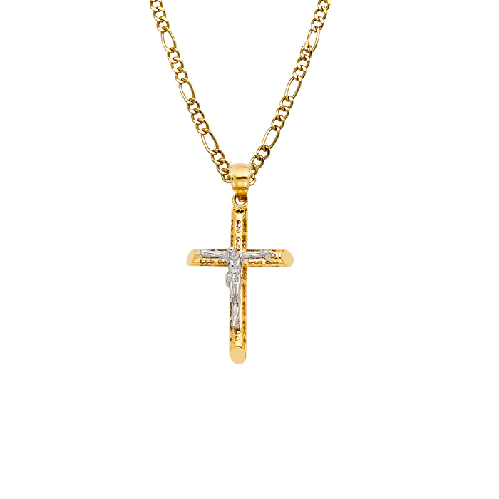 14k Gold Turkish Jesus Cross with Solid Figaro Chain - LE-0055