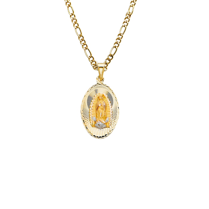 14k Virgin Mary Yellow Gold Oval Pendant with Solid Chain - LE-329