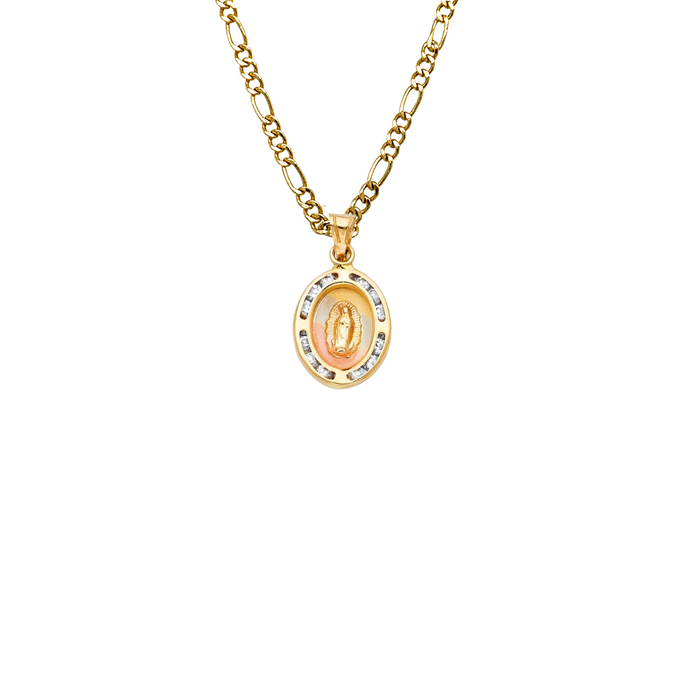 14k Virgin Mary Gold Pendant with Gemstones and Solid Chain - LE-198