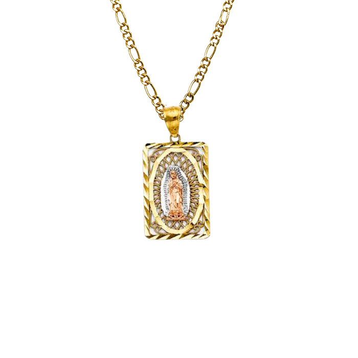 14k Virgin Mary Rectangle Pendant with Solid Figaro Chain - LE-PT2818