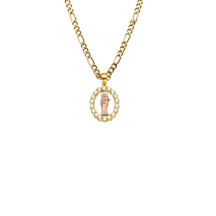 14k Small Santa Muerte TriColor Gold Pendant with Gemstones and Solid Chain - LE-2252