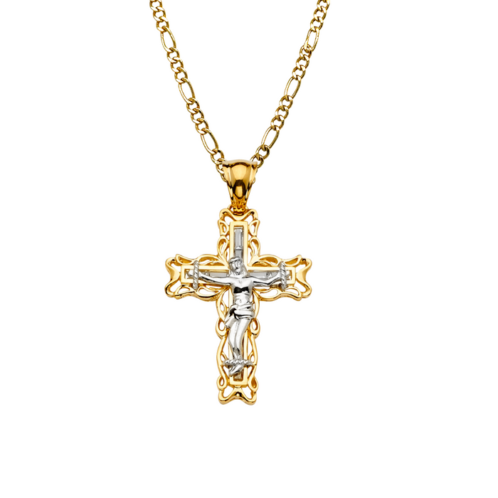 14k Two Tone Gemstone Jesus Cross Pendant with Solid Chain - LE-2158