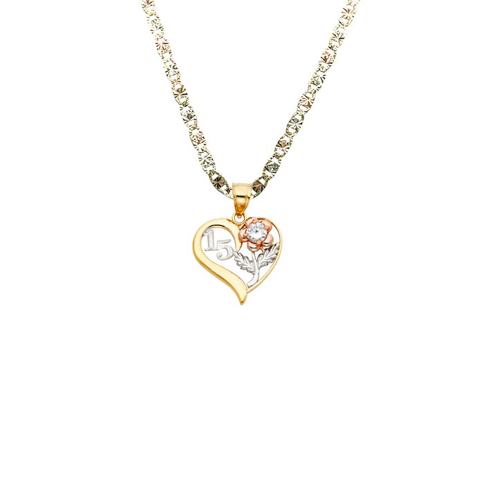 14k Gold Three Tone 15 Quinceañera Heart Gemstone Pendant with Solid Chain - LE-0359